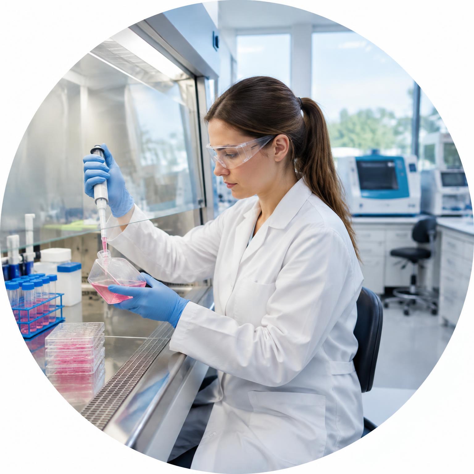 Scientist conducting cell culture pipette work in a laboratory